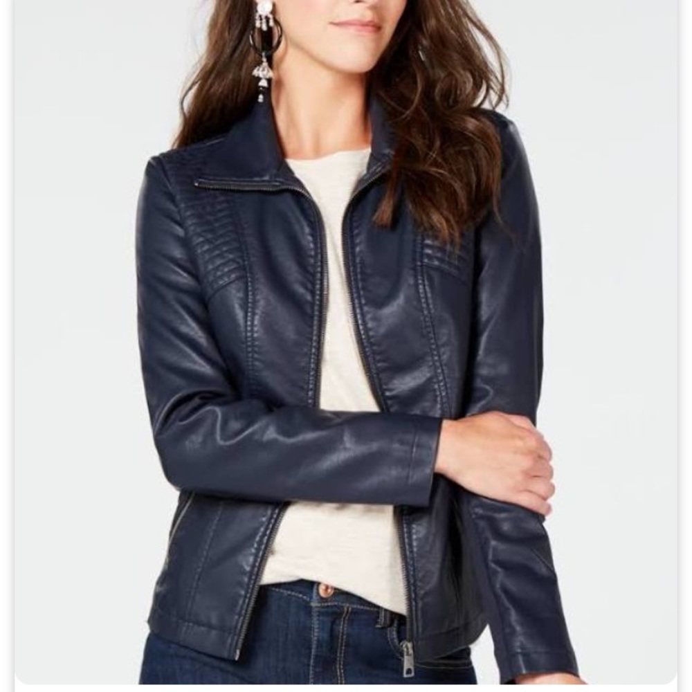 Faux Navy Blue Leather Jacket